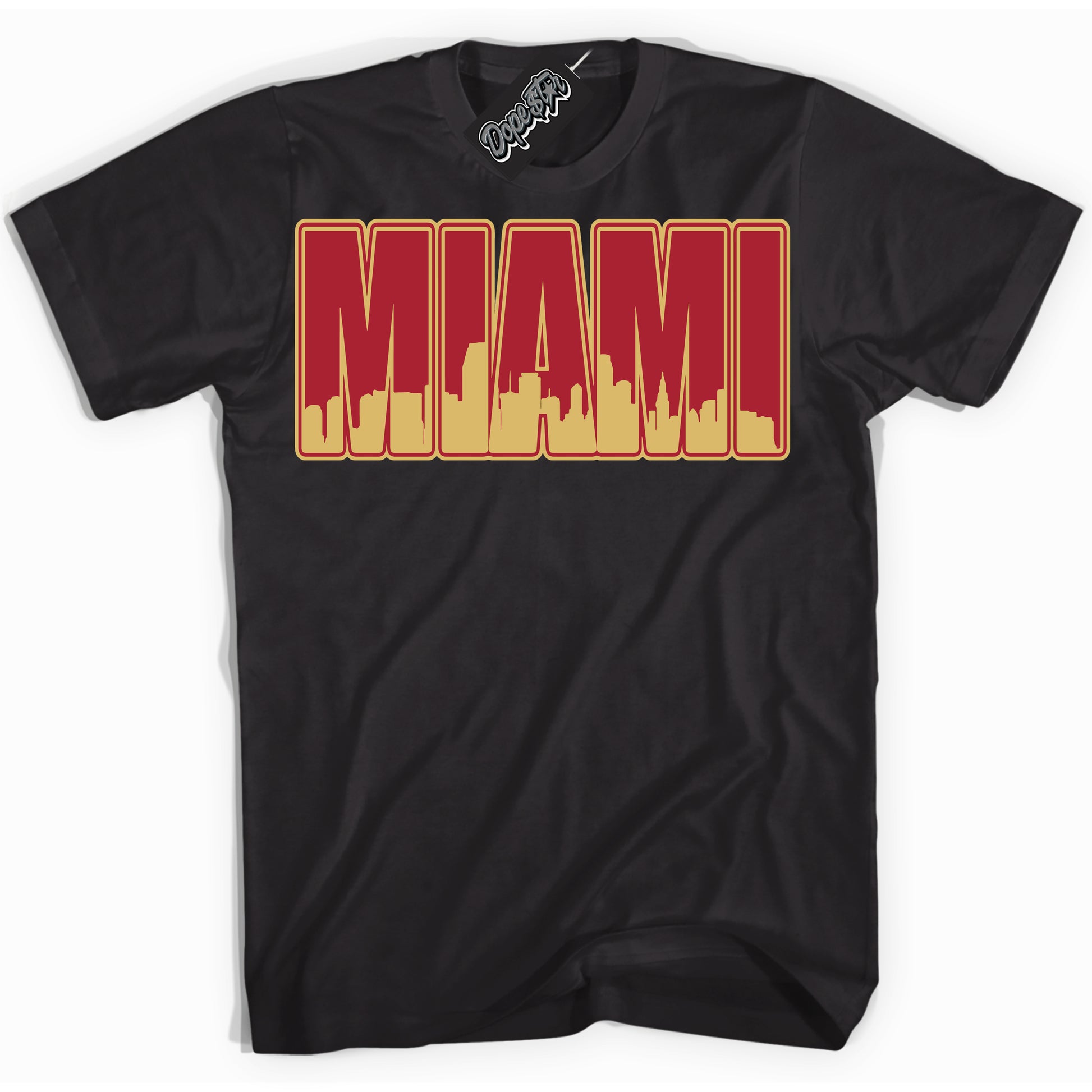 Cool Black Shirt with “ Miami  ” design that perfectly matches Method of Make Gym Red Metallic Gold 1s Jordans.