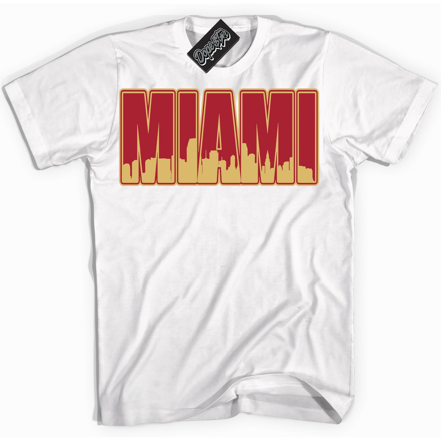 Cool White Shirt with “ Miami  ” design that perfectly matches Method of Make Gym Red Metallic Gold 1s Jordans.