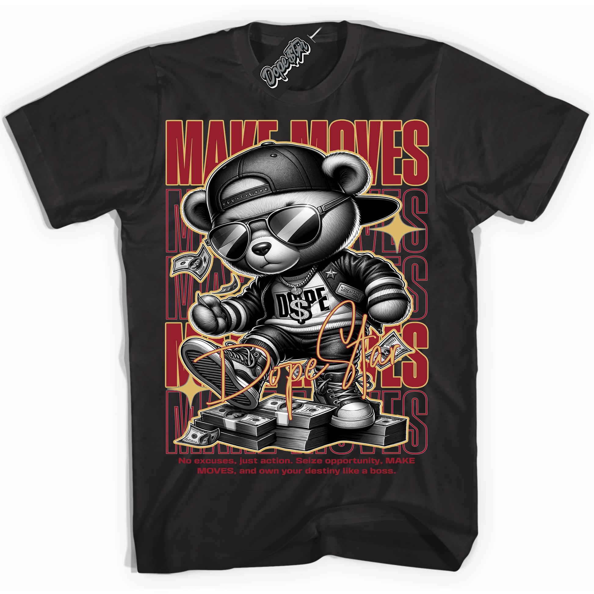 Cool Black Shirt with “ Make Moves ” design that perfectly matches Method of Make Gym Red Metallic Gold 1s Jordans.