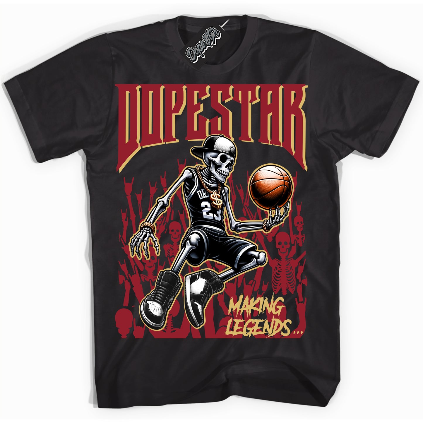 Cool Black Shirt with “ Making Legends ” design that perfectly matches Method of Make Gym Red Metallic Gold 1s Jordans.