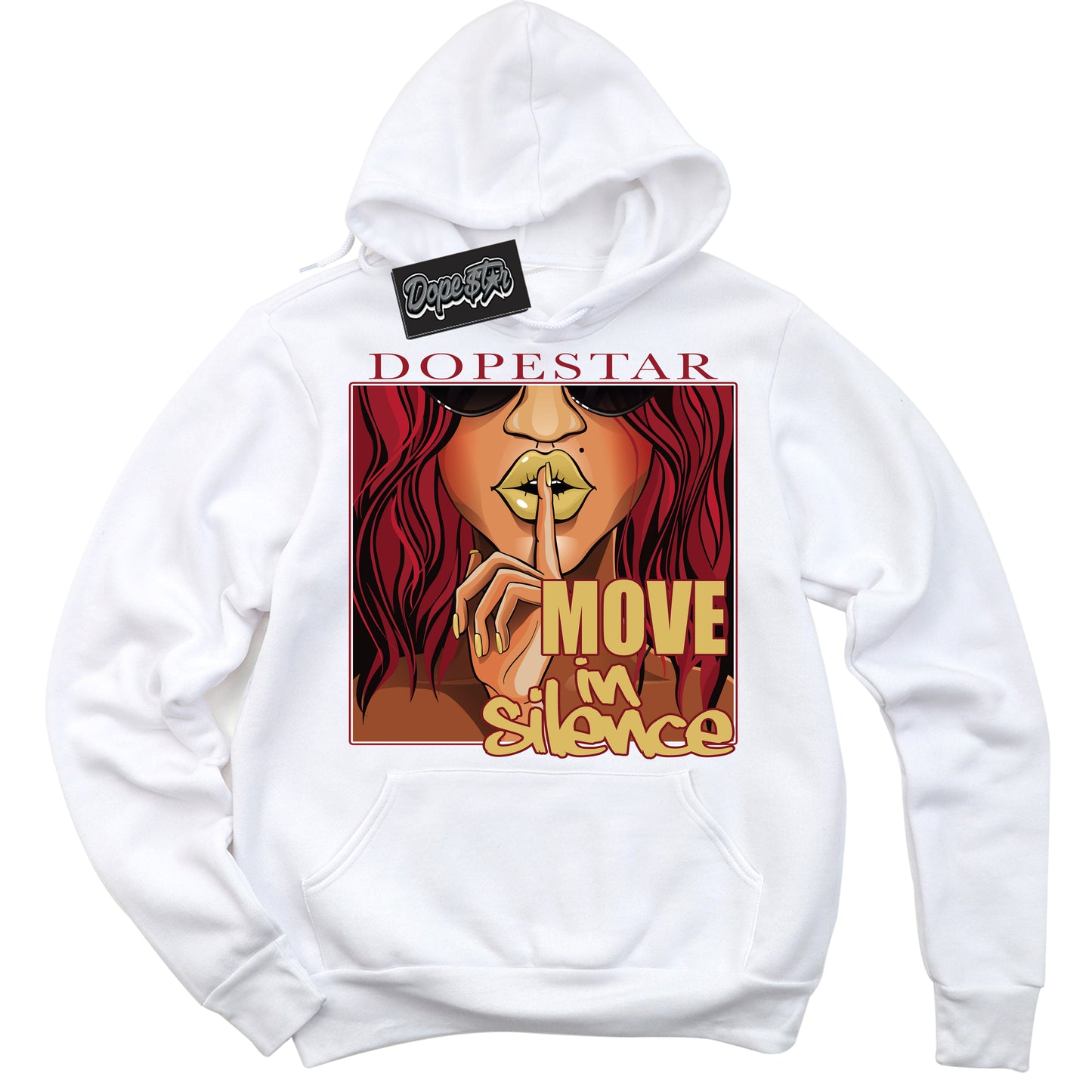 Cool White Hoodie with “ Move In Silence ” design that Perfectly Matches Method of Make Gym Red Metallic Gold 1s Jordans.