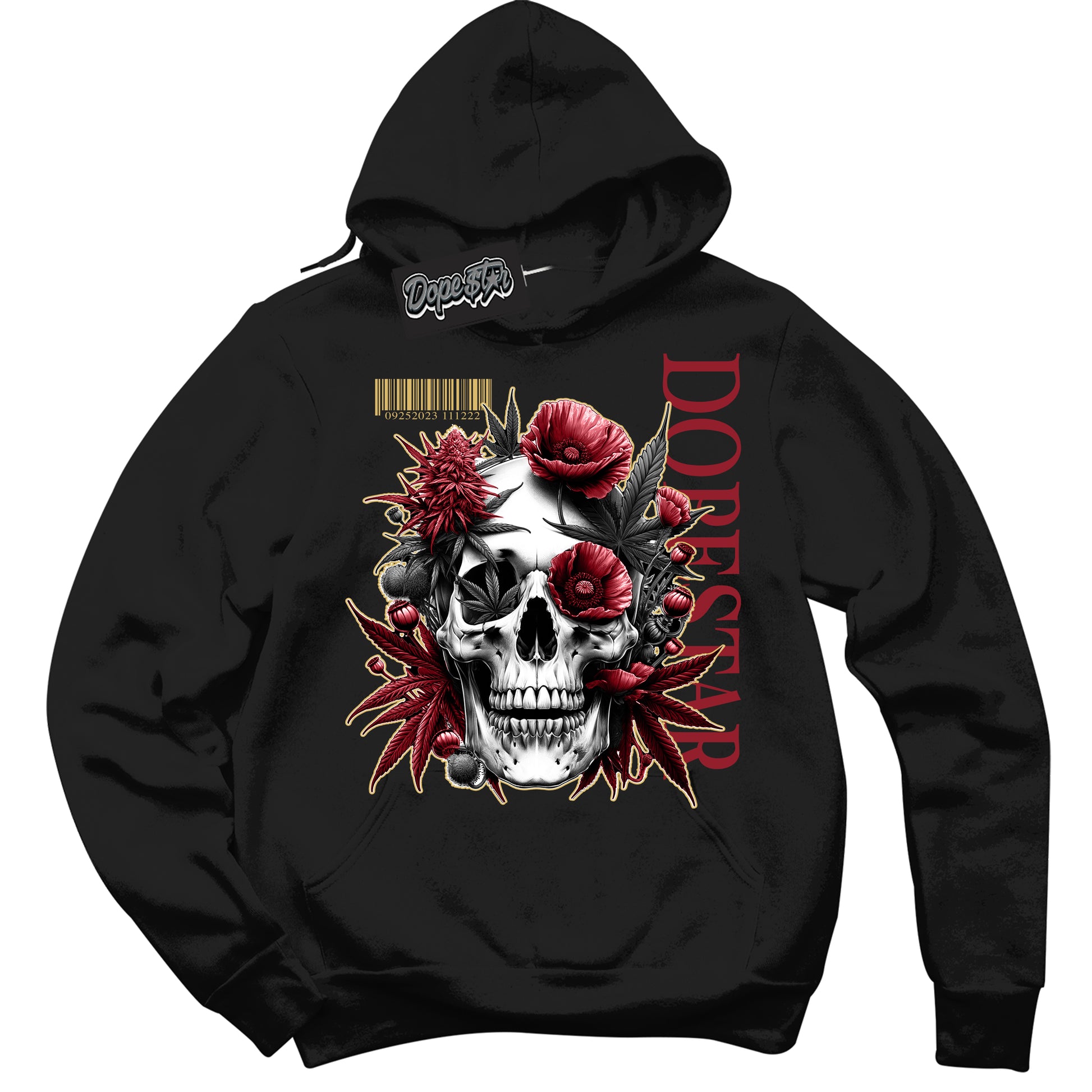 Cool Black Hoodie with “ Skull Poppies  ” design that Perfectly Matches Method of Make Gym Red Metallic Gold 1s Jordans.