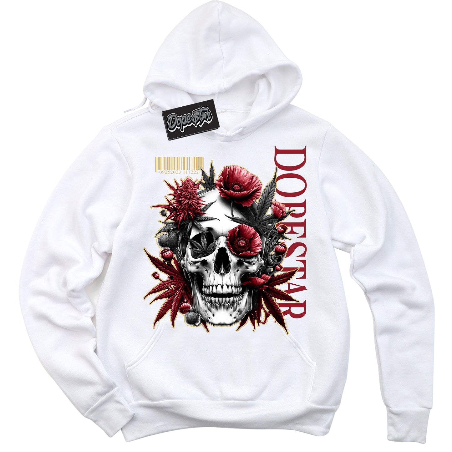 Cool White Hoodie with “ Skull Poppies  ” design that Perfectly Matches Method of Make Gym Red Metallic Gold 1s Jordans.