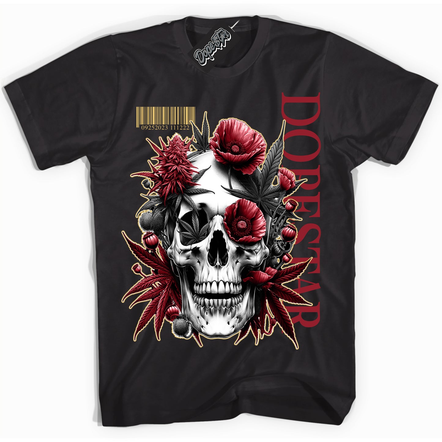 Cool Black Shirt with “ Skull Poppies  ” design that perfectly matches Method of Make Gym Red Metallic Gold 1s Jordans.