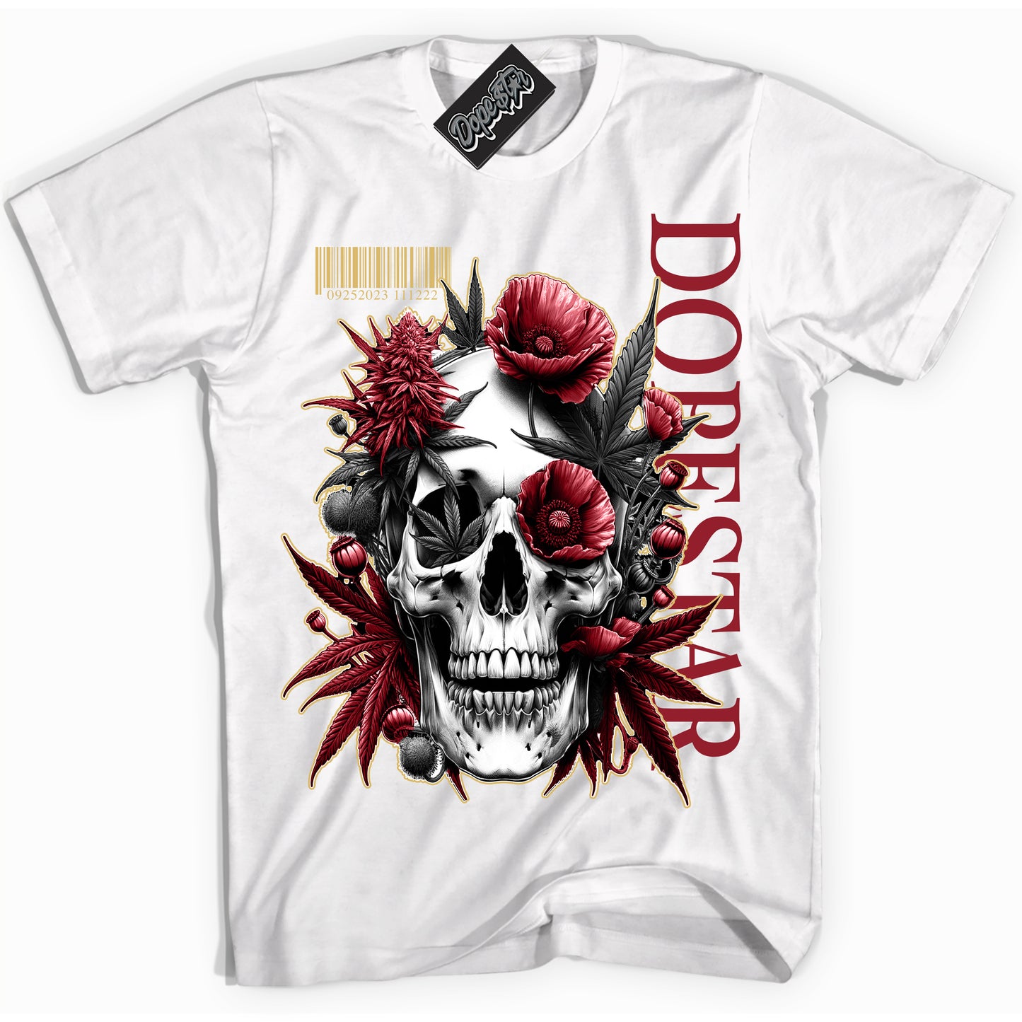 Cool White Shirt with “ Skull Poppies  ” design that perfectly matches Method of Make Gym Red Metallic Gold 1s Jordans.