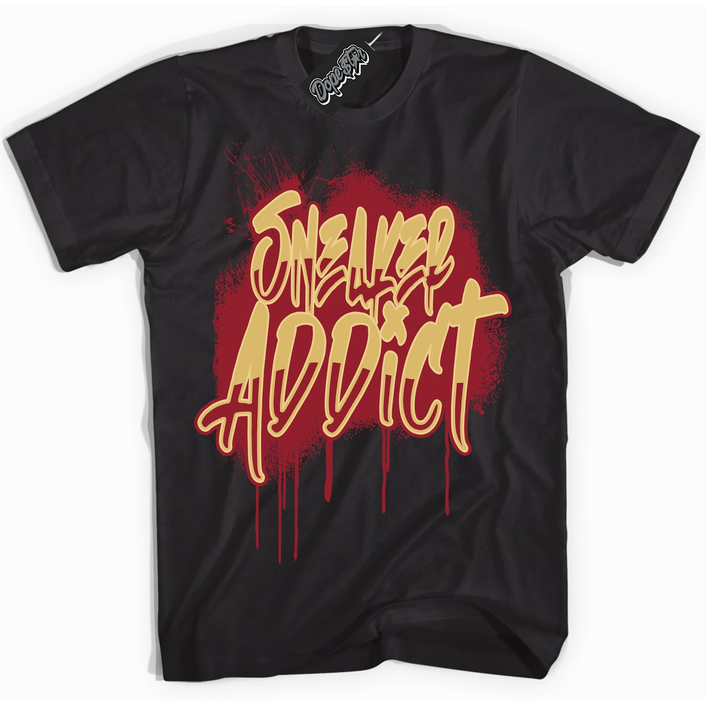 Cool Black Shirt with “ Sneaker Addict ” design that perfectly matches Method of Make Gym Red Metallic Gold 1s Jordans.