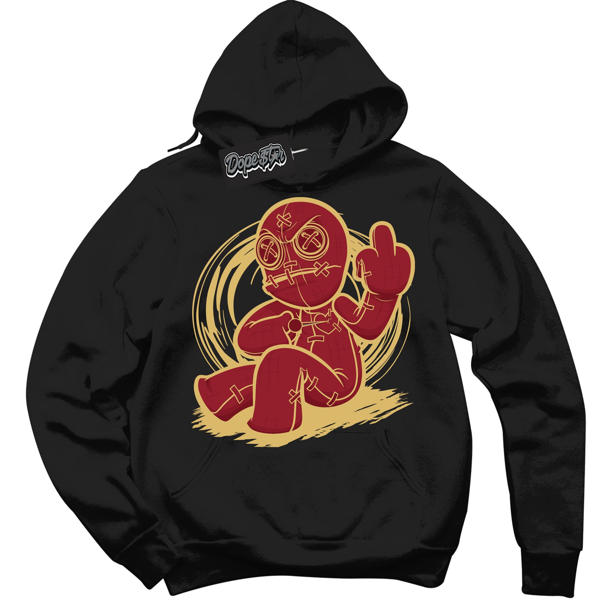 Cool Black Hoodie with “Voodoo Doll” design that Perfectly Matches Method of Make Gym Red Metallic Gold 1s Jordans.