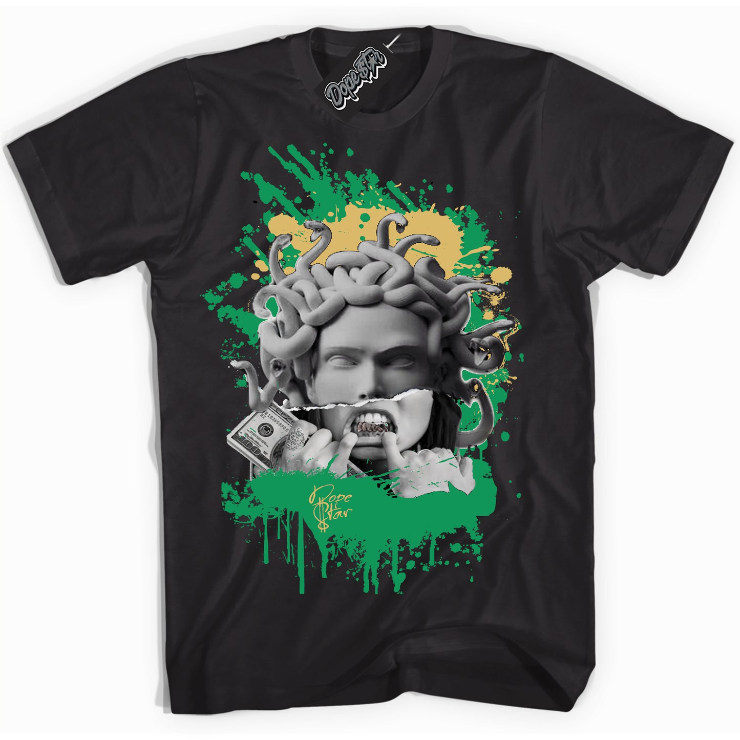 Cool Black Shirt with “Medusa” design that perfectly matches the Method of Make Lucky Green 1s Jordans.