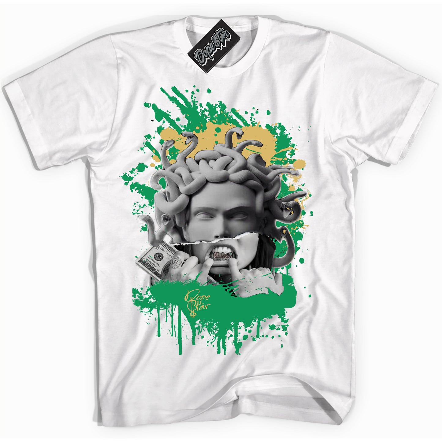 Cool White Shirt with “Medusa” design that perfectly matches the Method of Make Lucky Green 1s Jordans.