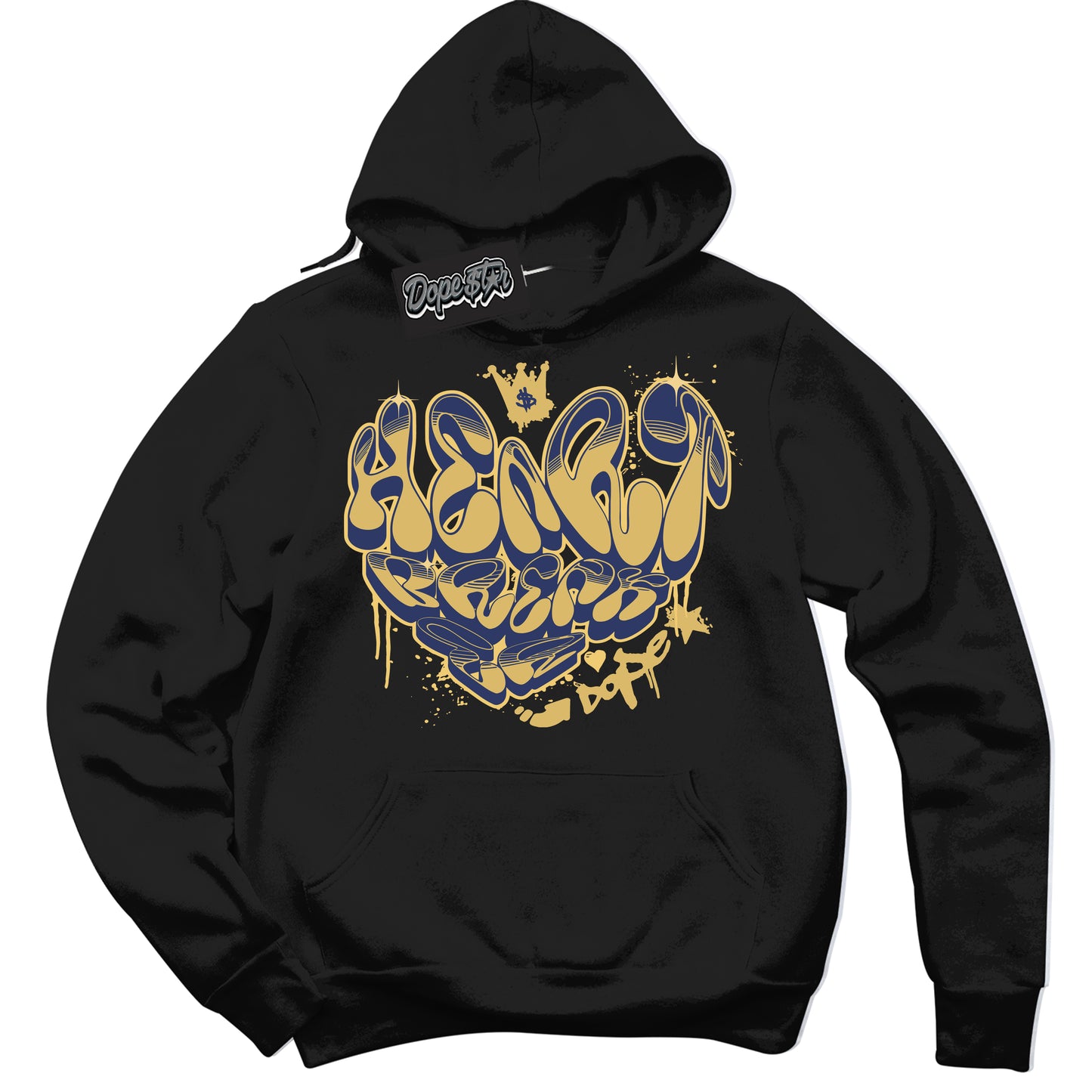 Cool Black Hoodie with “Heartbreaker Graffiti” design that Perfectly Matches Method of Make Midnight Navy Metallic Gold 1s Jordans.
