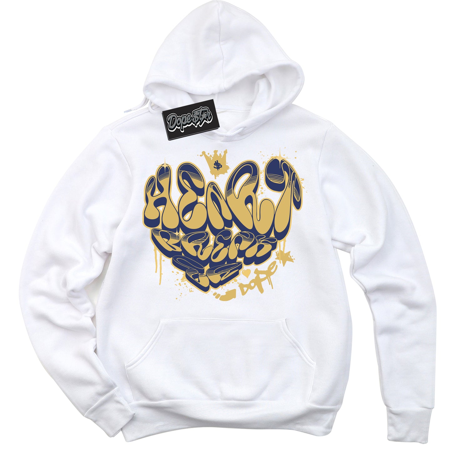 Cool White Hoodie with “Heartbreaker Graffiti” design that Perfectly Matches Method of Make Midnight Navy Metallic Gold 1s Jordans.
