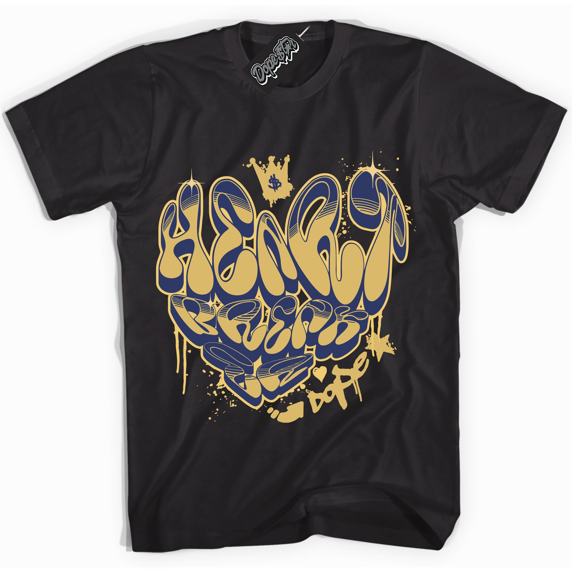 Cool Black Shirt with “Heartbreaker Graffiti” design that perfectly matches the Method of Make Midnight Navy Metallic Gold 1s Jordans.
