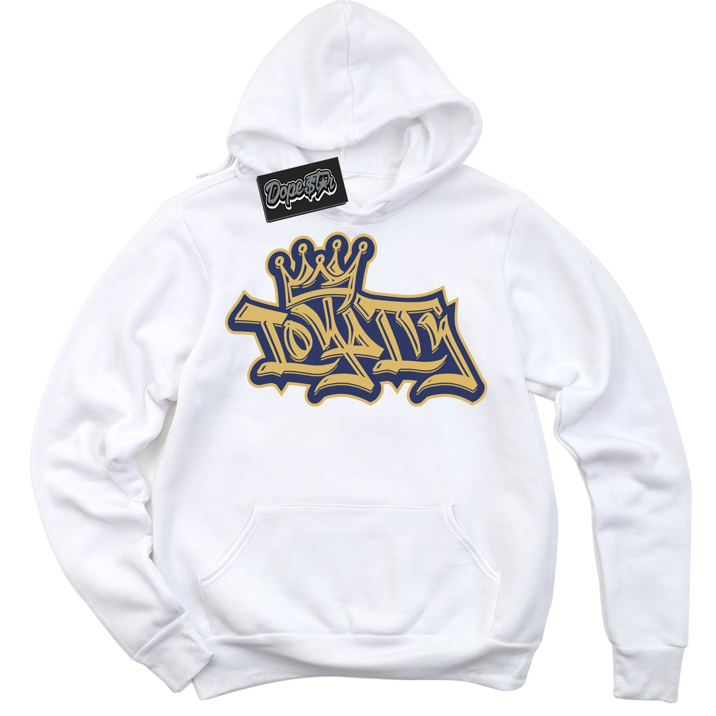 Cool White Hoodie with “Loyalty Crown” design that Perfectly Matches Method of Make Midnight Navy Metallic Gold 1s Jordans.
