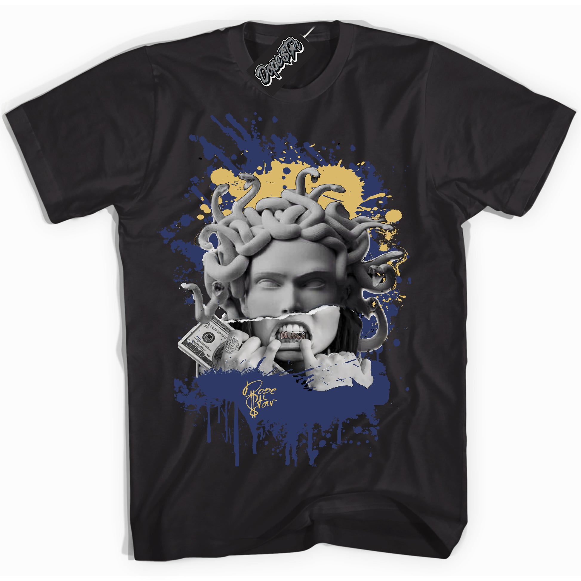 Cool Black Shirt with “Medusa” design that perfectly matches the Method of Make Midnight Navy Metallic Gold 1s Jordans.
