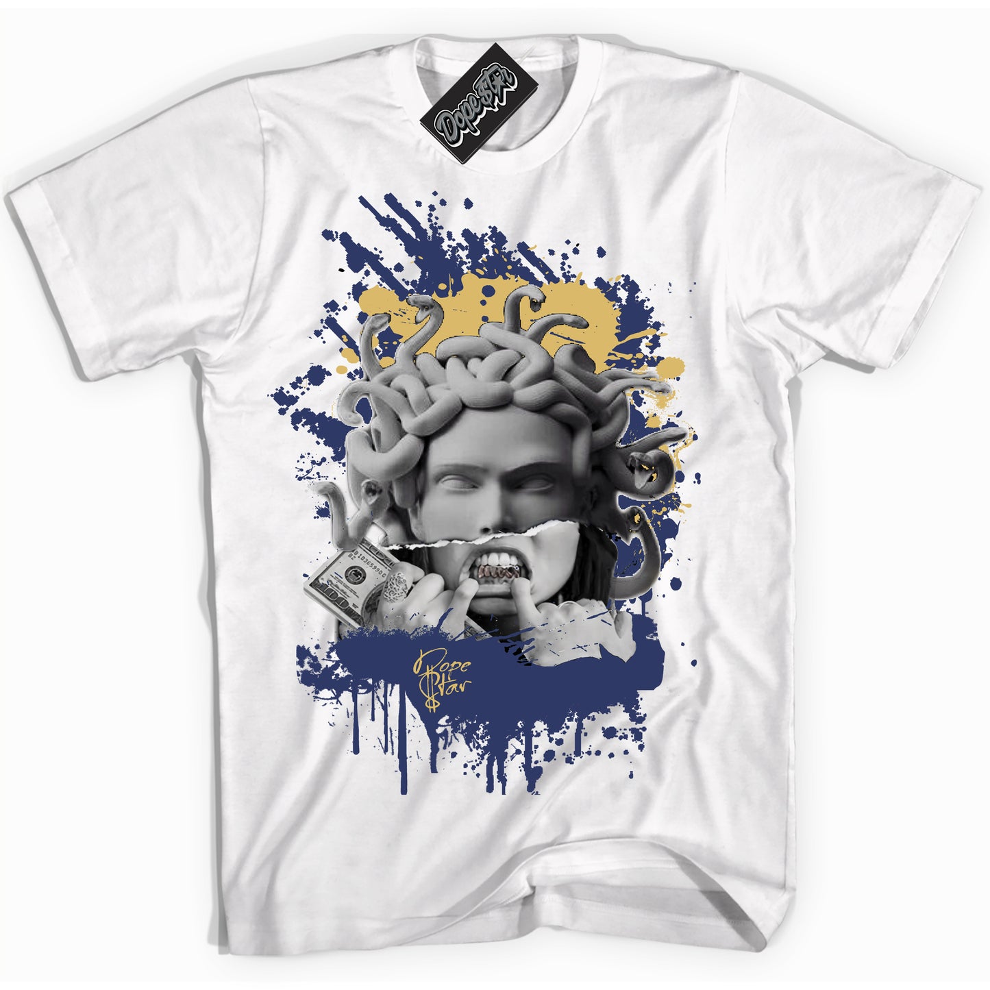 Cool White Shirt with “Medusa” design that perfectly matches the Method of Make Midnight Navy Metallic Gold 1s Jordans.
