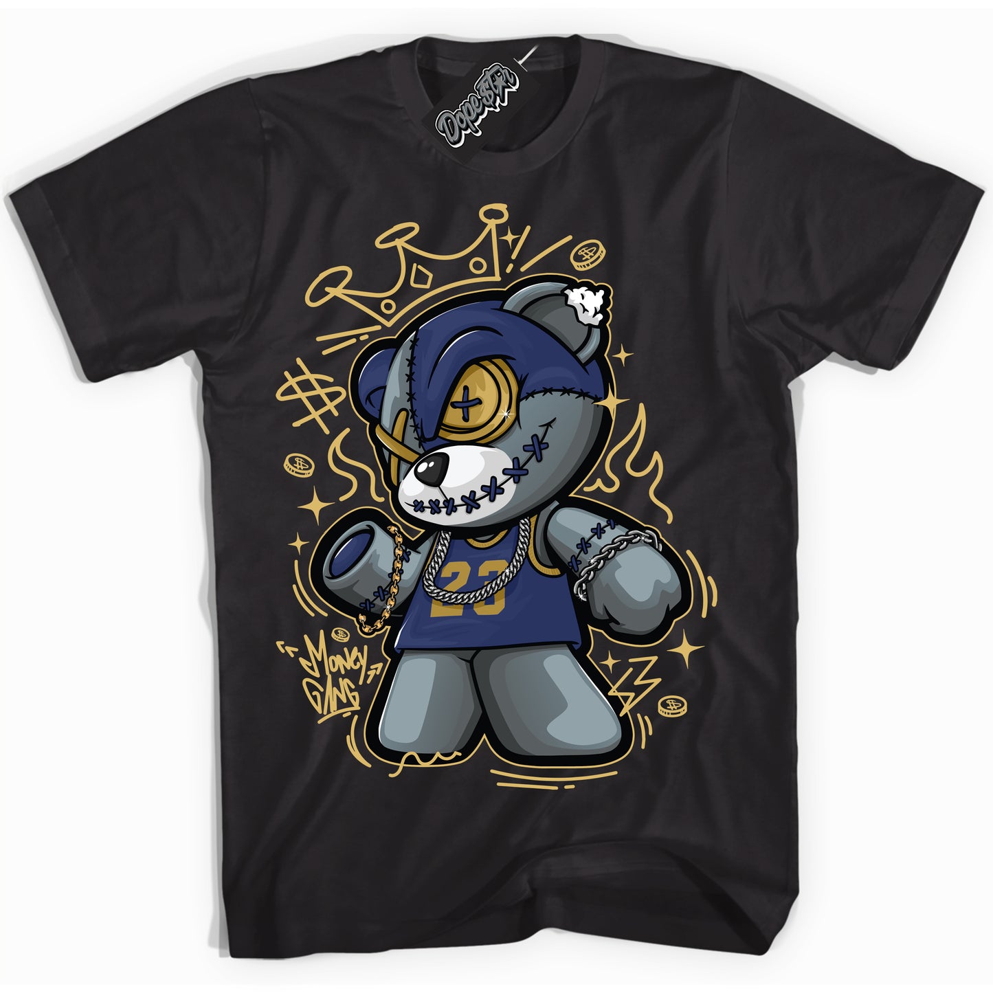 Cool Black Shirt with “Money Gang Bear” design that perfectly matches the Method of Make Midnight Navy Metallic Gold 1s Jordans.
