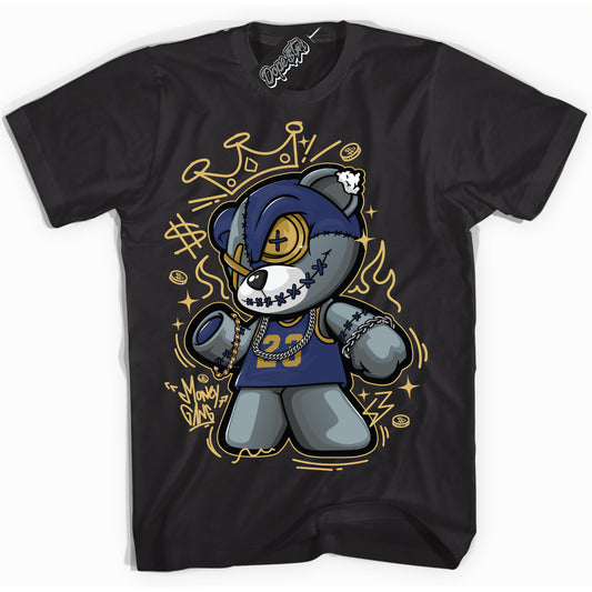 Cool Black Shirt with “Money Gang Bear” design that perfectly matches the Method of Make Midnight Navy Metallic Gold 1s Jordans.
