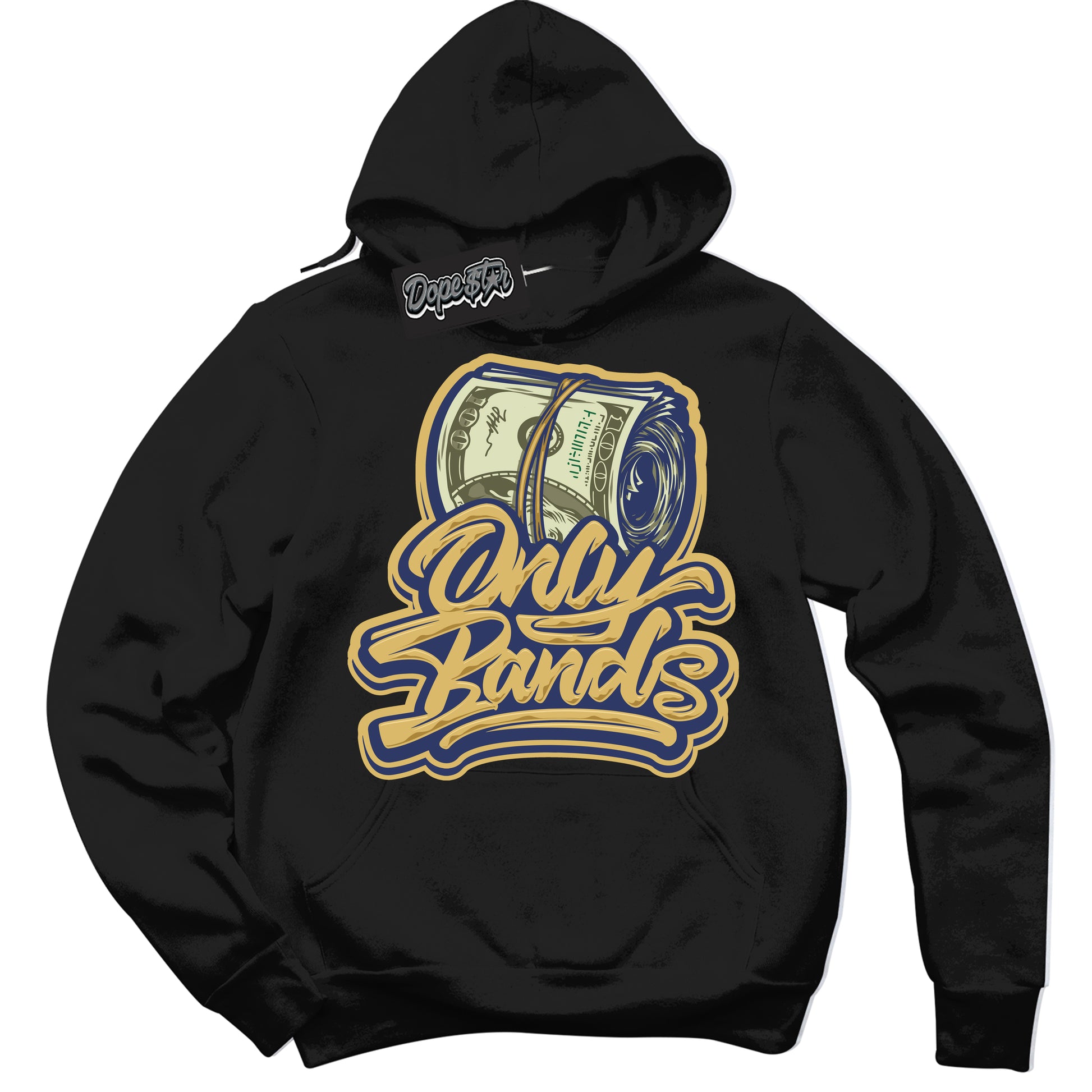 Cool Black Hoodie with “Only Bands” design that Perfectly Matches Method of Make Midnight Navy Metallic Gold 1s Jordans.
