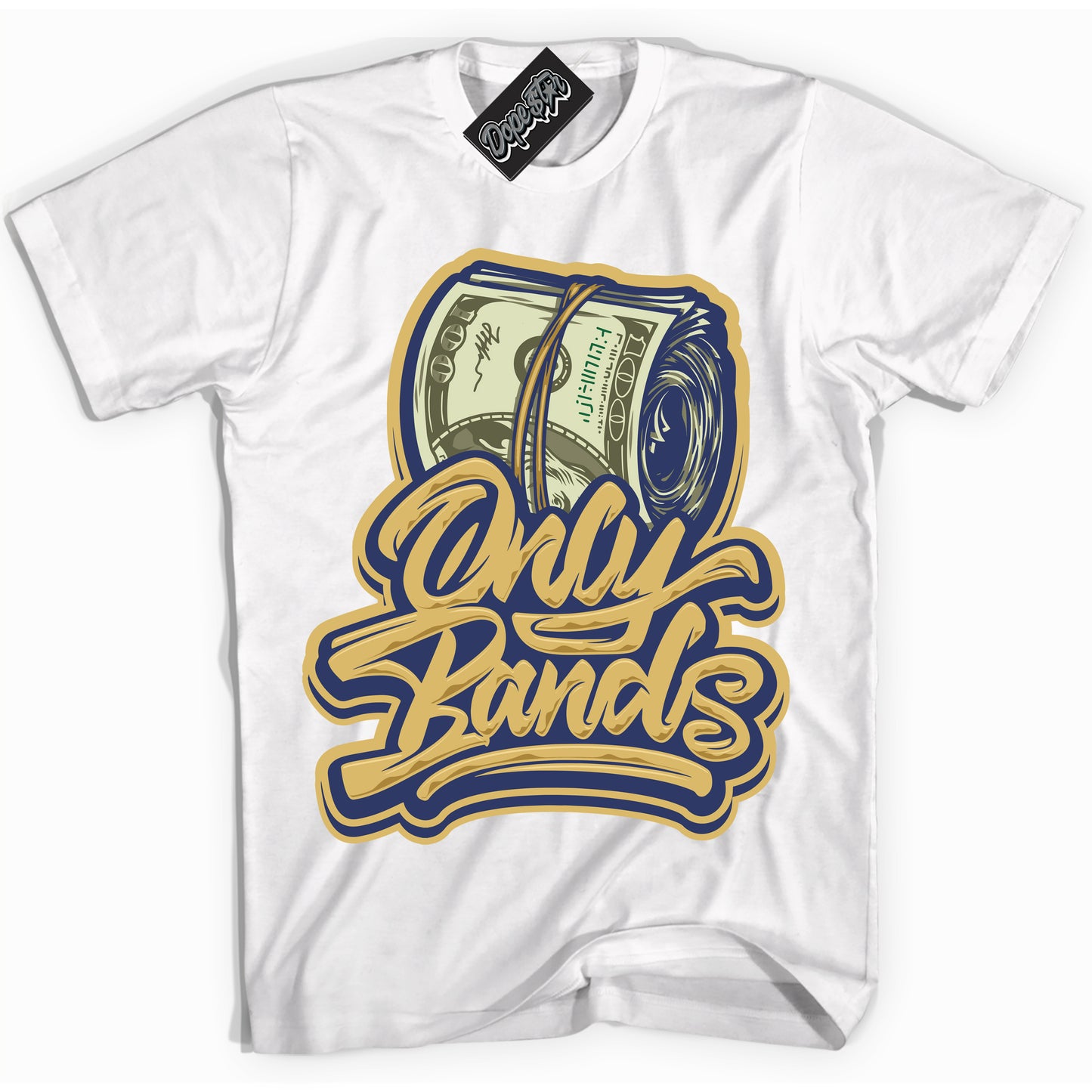 Cool White Shirt with “Only Bands” design that perfectly matches the Method of Make Midnight Navy Metallic Gold 1s Jordans.
