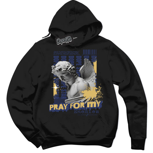 Cool Black Hoodie with “Pray Enemies” design that Perfectly Matches Method of Make Midnight Navy Metallic Gold 1s Jordans.
