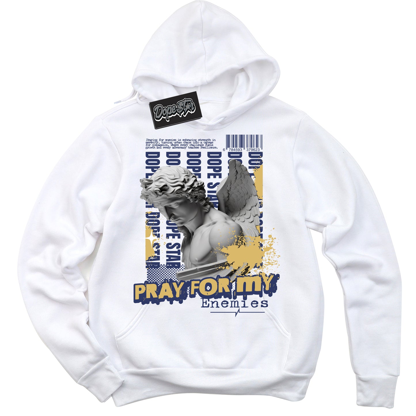 Cool White Hoodie with “Pray Enemies” design that Perfectly Matches Method of Make Midnight Navy Metallic Gold 1s Jordans.

