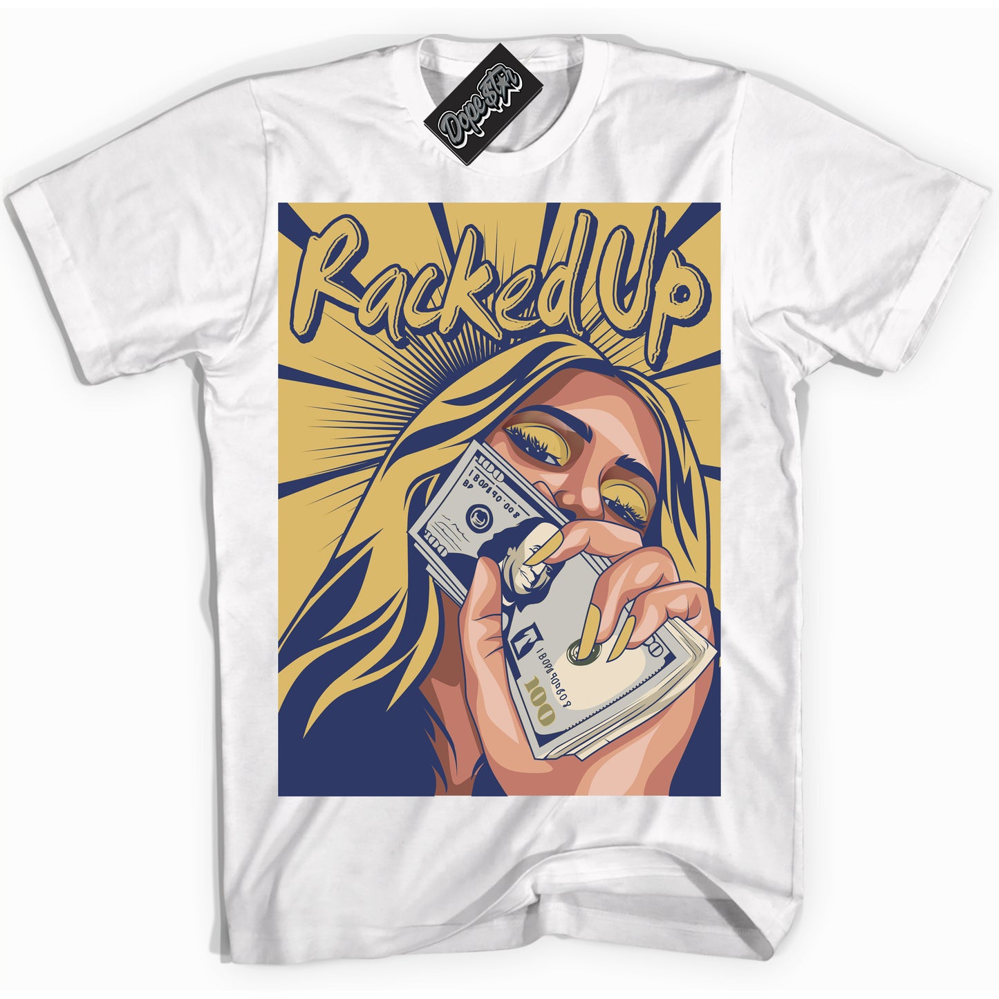 Cool White Shirt with “Racked Up” design that perfectly matches the Method of Make Midnight Navy Metallic Gold 1s Jordans.
