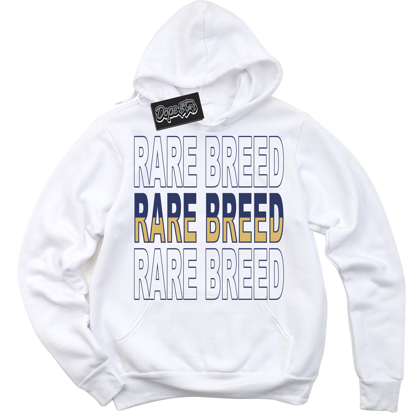 Cool White Hoodie with “Rare Breed” design that Perfectly Matches Method of Make Midnight Navy Metallic Gold 1s Jordans.
