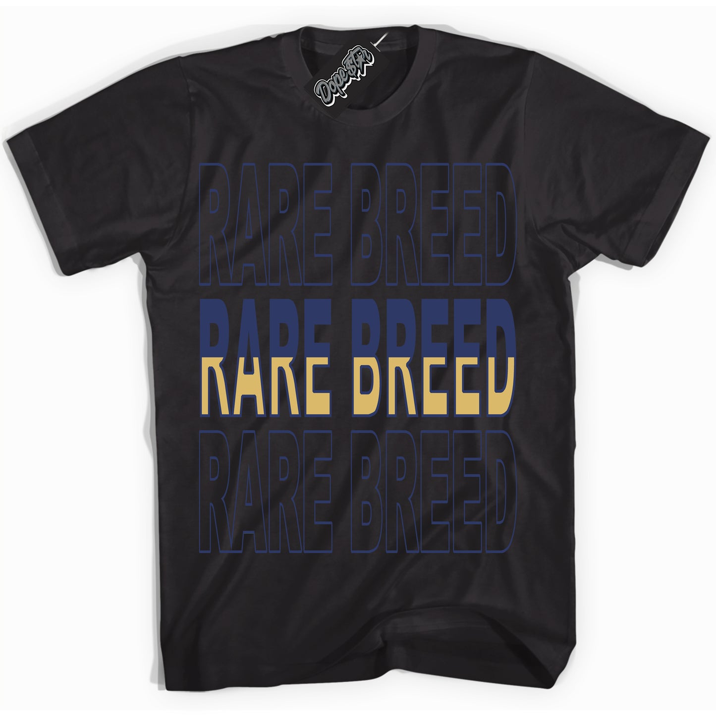 Cool Black Shirt with “Rare Breed” design that perfectly matches the Method of Make Midnight Navy Metallic Gold 1s Jordans.
