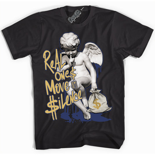 Cool Black Shirt with “Real Ones Cherub” design that perfectly matches the Method of Make Midnight Navy Metallic Gold 1s Jordans.
