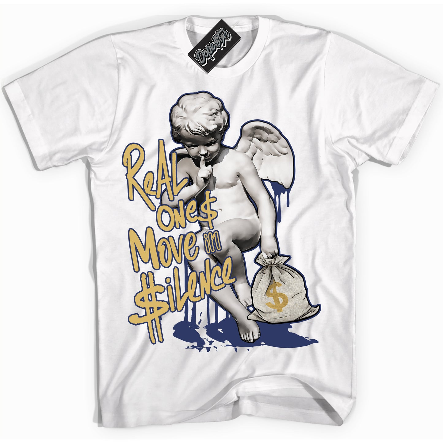 Cool White Shirt with “Real Ones Cherub” design that perfectly matches the Method of Make Midnight Navy Metallic Gold 1s Jordans.
