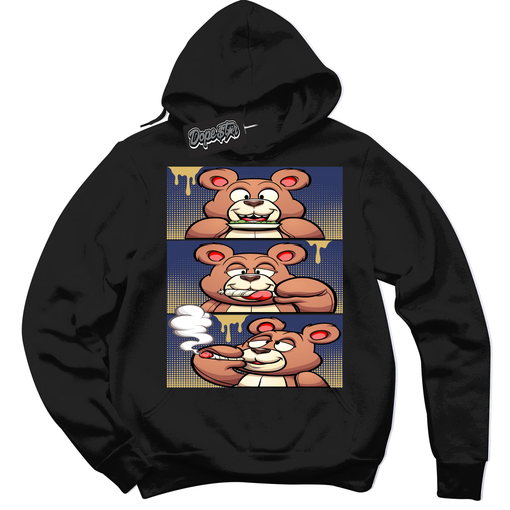Cool Black Hoodie with “Roll It Lick It Smoke It Bear” design that Perfectly Matches Method of Make Midnight Navy Metallic Gold 1s Jordans.

