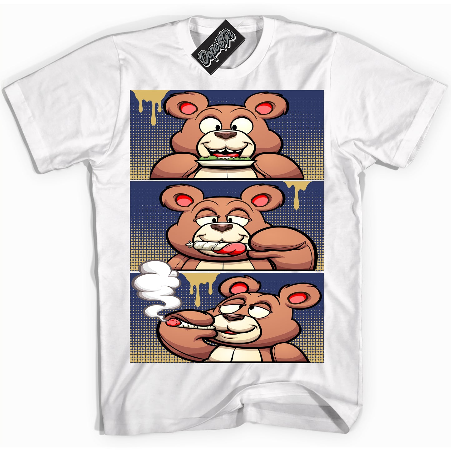 Cool White Shirt with “Roll It Lick It Smoke It Bear” design that perfectly matches the Method of Make Midnight Navy Metallic Gold 1s Jordans.
