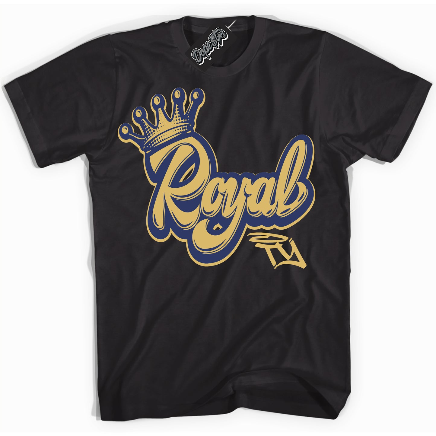 Cool Black Shirt with “Royalty” design that perfectly matches the Method of Make Midnight Navy Metallic Gold 1s Jordans.
