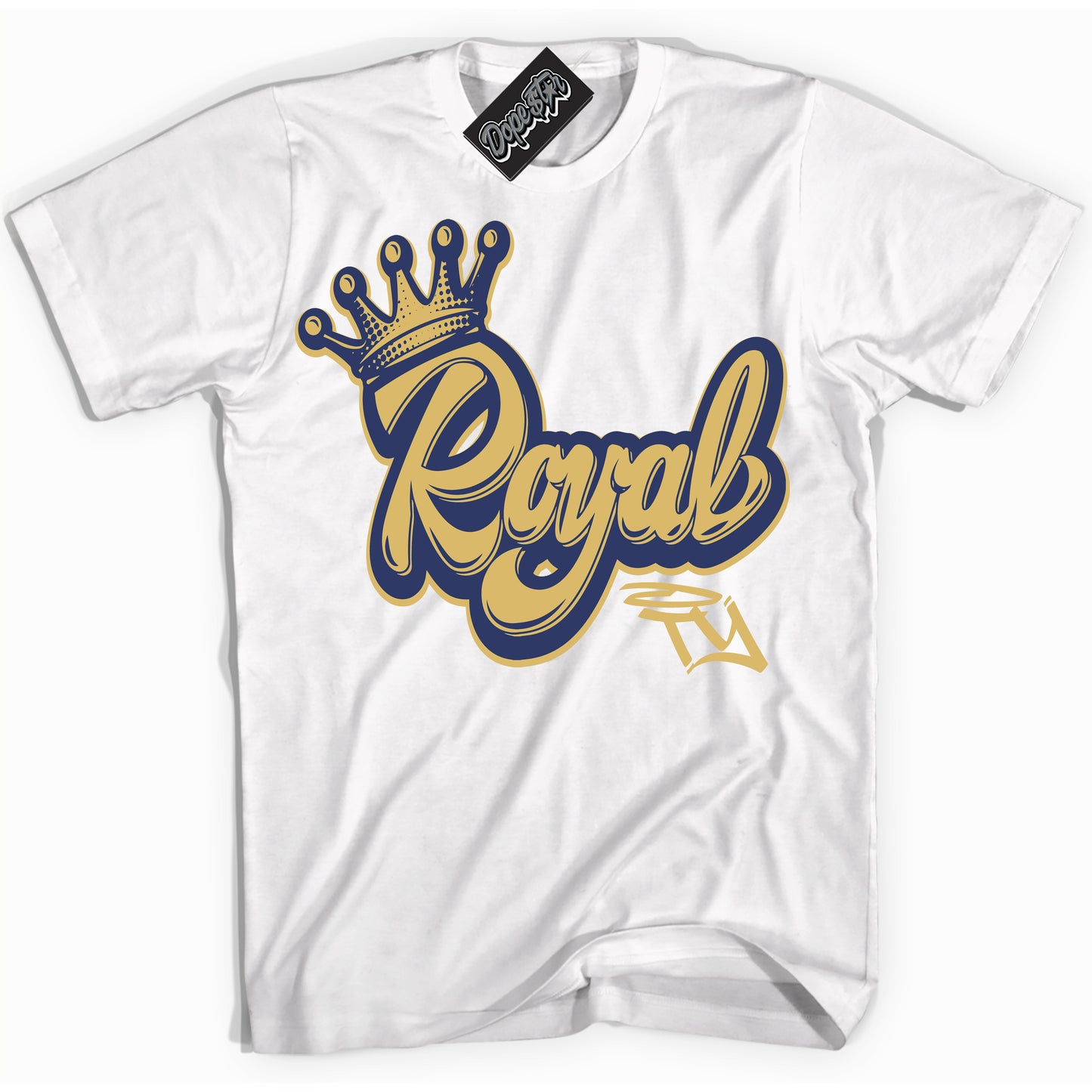 Cool White Shirt with “Royalty” design that perfectly matches the Method of Make Midnight Navy Metallic Gold 1s Jordans.
