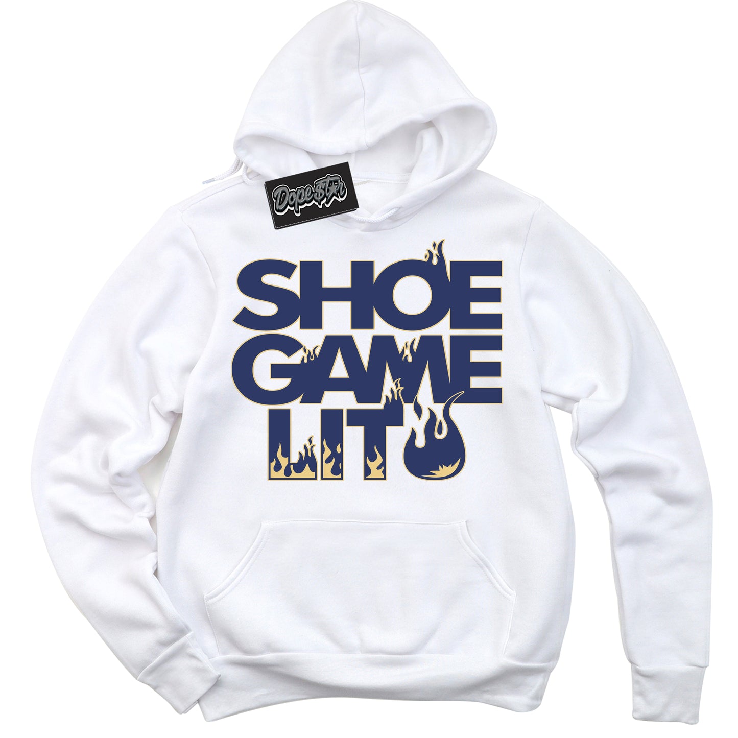 Cool White Hoodie with “Shoe Game Lit” design that Perfectly Matches Method of Make Midnight Navy Metallic Gold 1s Jordans.
