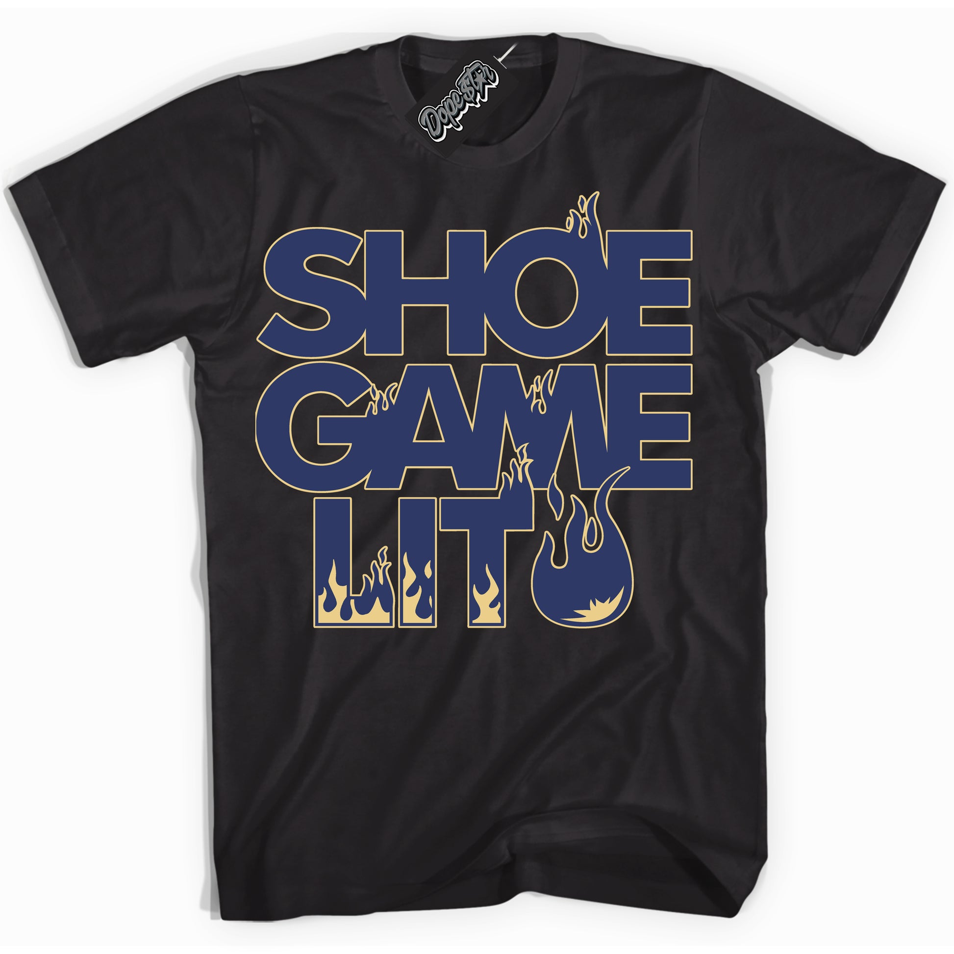 Cool Black Shirt with “Shoe Game Lit” design that perfectly matches the Method of Make Midnight Navy Metallic Gold 1s Jordans.
