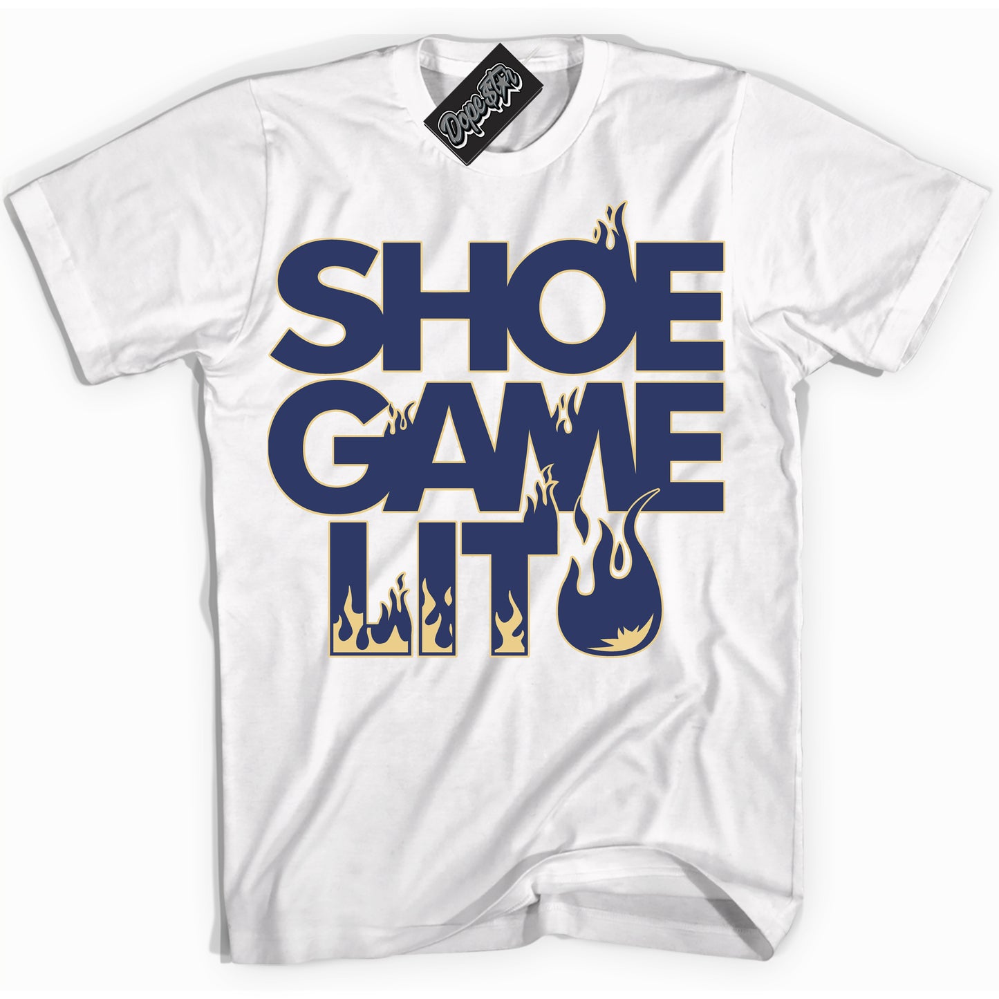 Cool White Shirt with “Shoe Game Lit” design that perfectly matches the Method of Make Midnight Navy Metallic Gold 1s Jordans.
