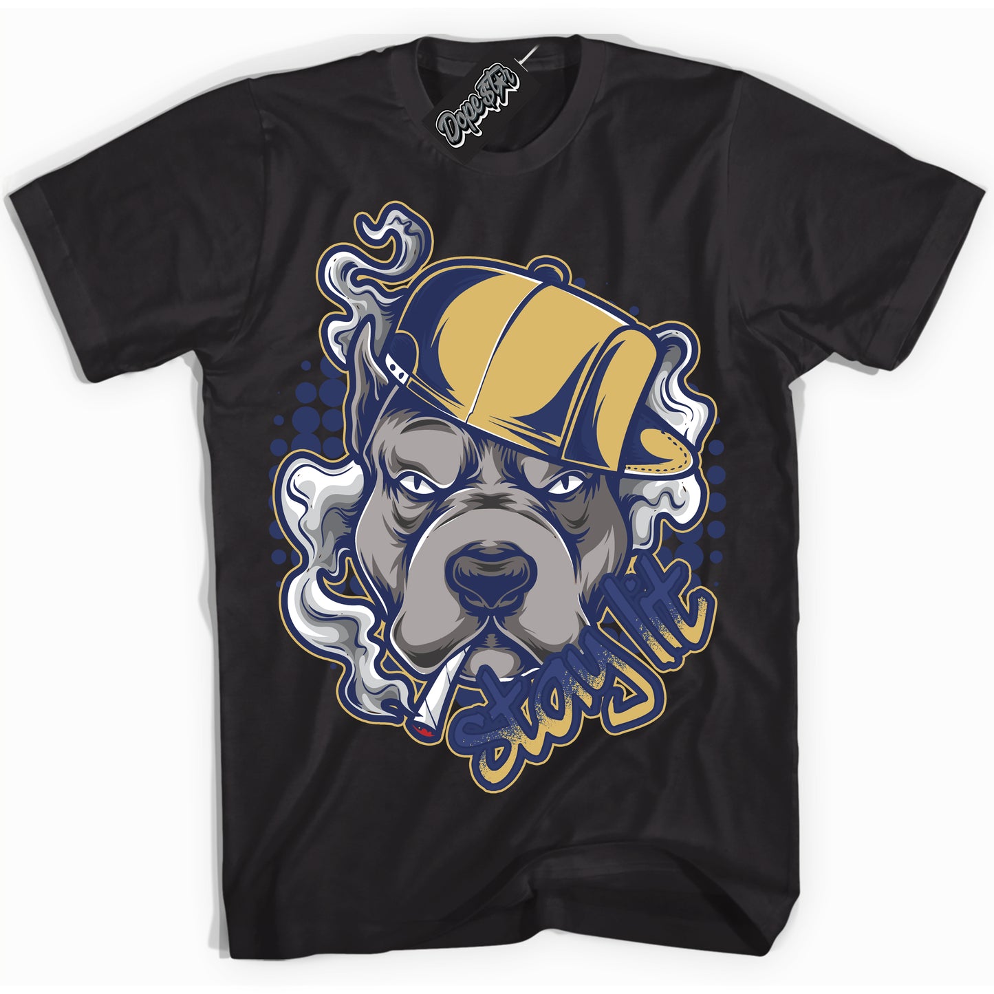 Cool Black Shirt with “Stay Lit” design that perfectly matches the Method of Make Midnight Navy Metallic Gold 1s Jordans.

