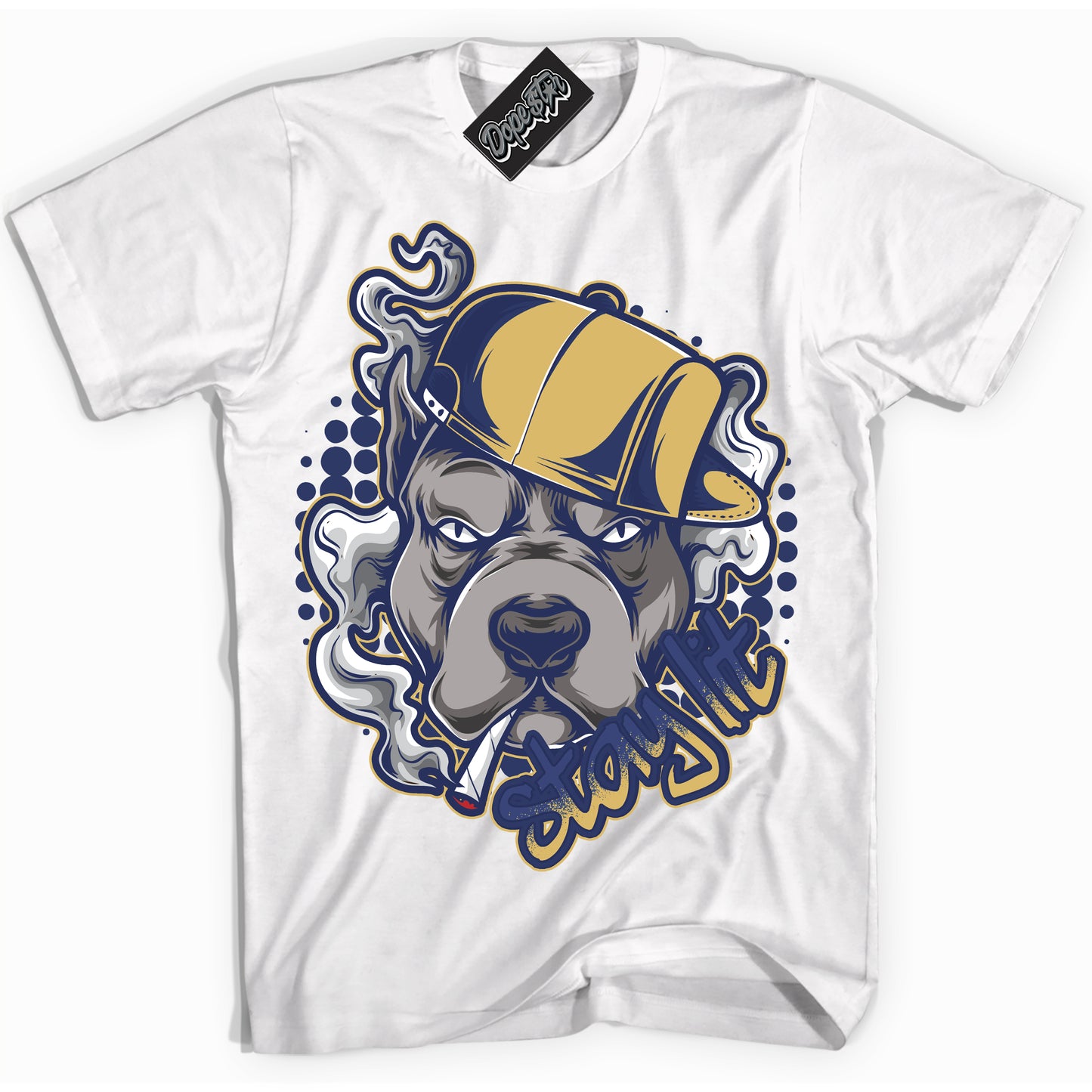 Cool White Shirt with “Stay Lit” design that perfectly matches the Method of Make Midnight Navy Metallic Gold 1s Jordans.
