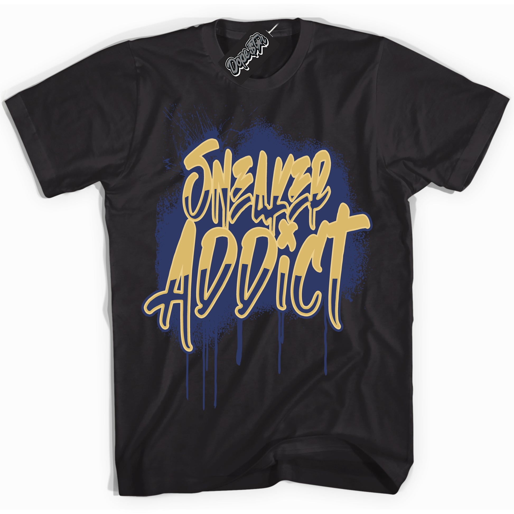 Cool Black Shirt with “Sneaker Addict” design that perfectly matches the Method of Make Midnight Navy Metallic Gold 1s Jordans.
