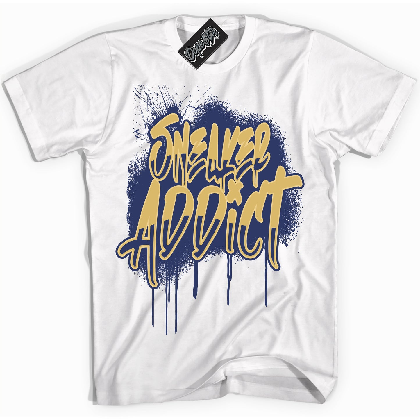 Cool White Shirt with “Sneaker Addict” design that perfectly matches the Method of Make Midnight Navy Metallic Gold 1s Jordans.
