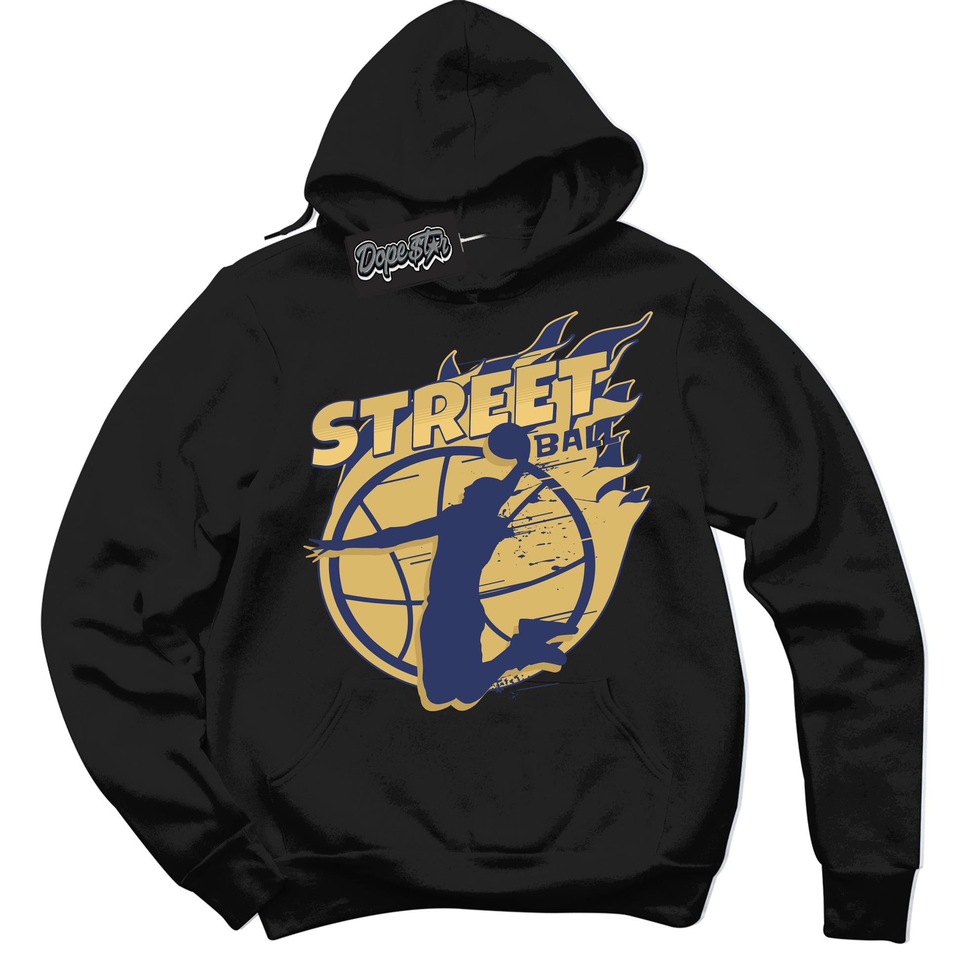 Cool Black Hoodie with “Street Ball” design that Perfectly Matches Method of Make Midnight Navy Metallic Gold 1s Jordans.
