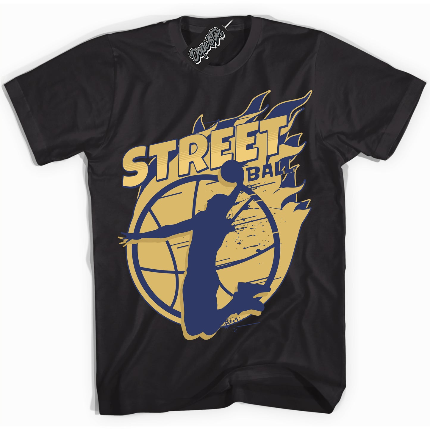 Cool Black Shirt with “Street Ball” design that perfectly matches the Method of Make Midnight Navy Metallic Gold 1s Jordans.
