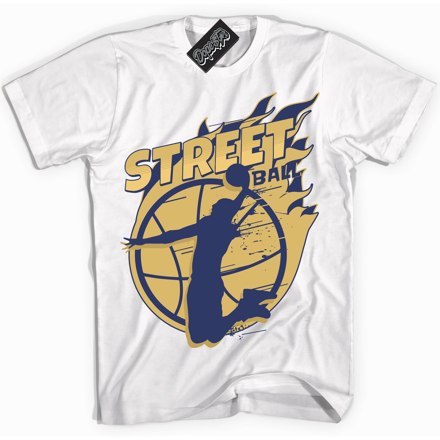 Cool White Shirt with “Street Ball” design that perfectly matches the Method of Make Midnight Navy Metallic Gold 1s Jordans.
