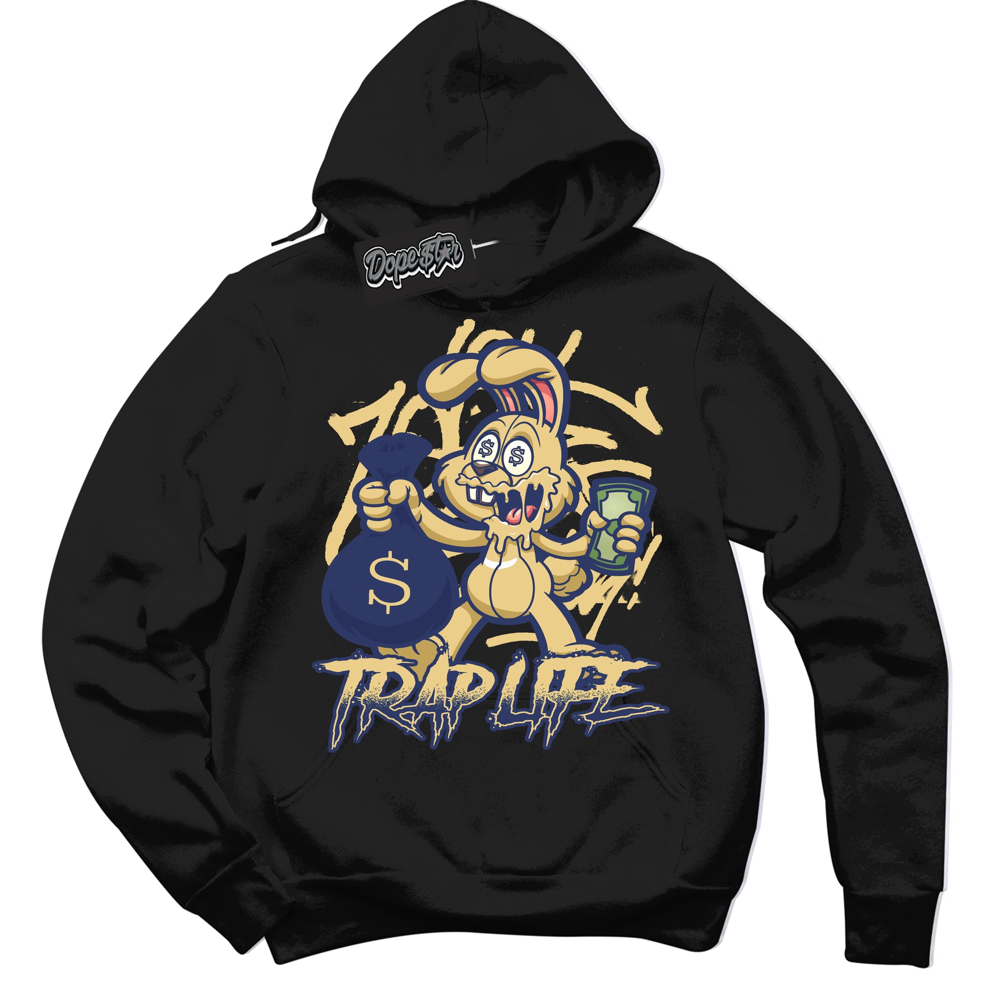 Cool Black Hoodie with “Trap Rabbit” design that Perfectly Matches Method of Make Midnight Navy Metallic Gold 1s Jordans.
