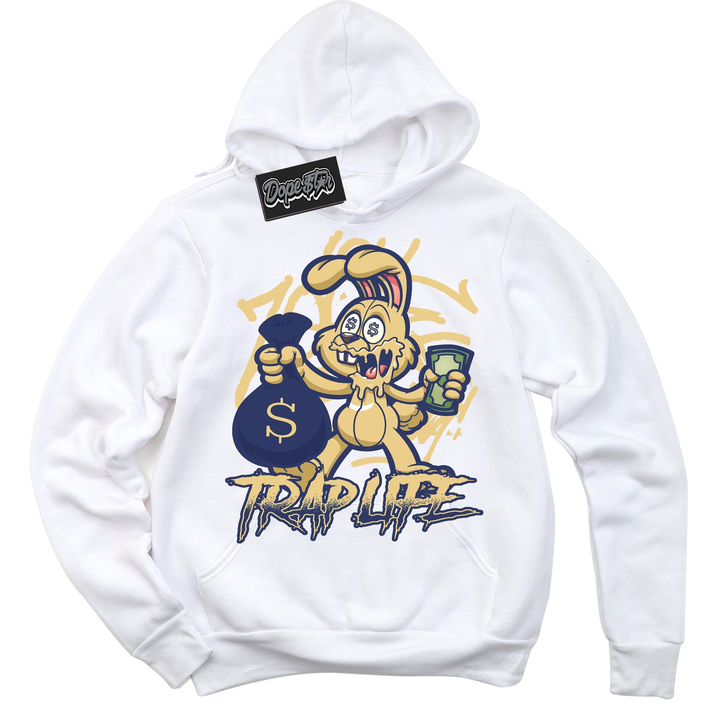 Cool White Hoodie with “Trap Rabbit” design that Perfectly Matches Method of Make Midnight Navy Metallic Gold 1s Jordans.
