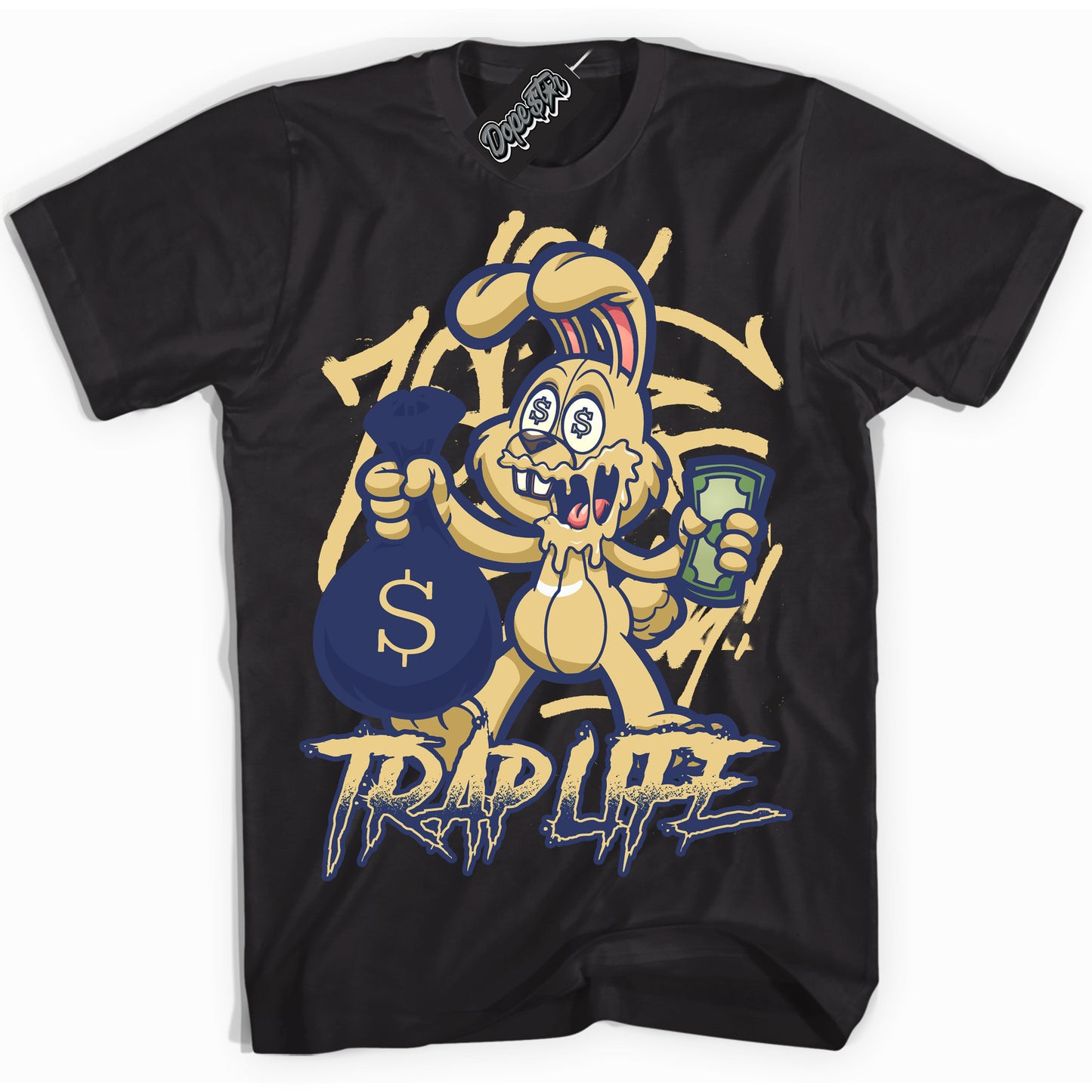 Cool Black Shirt with “Trap Rabbit” design that perfectly matches the Method of Make Midnight Navy Metallic Gold 1s Jordans.
