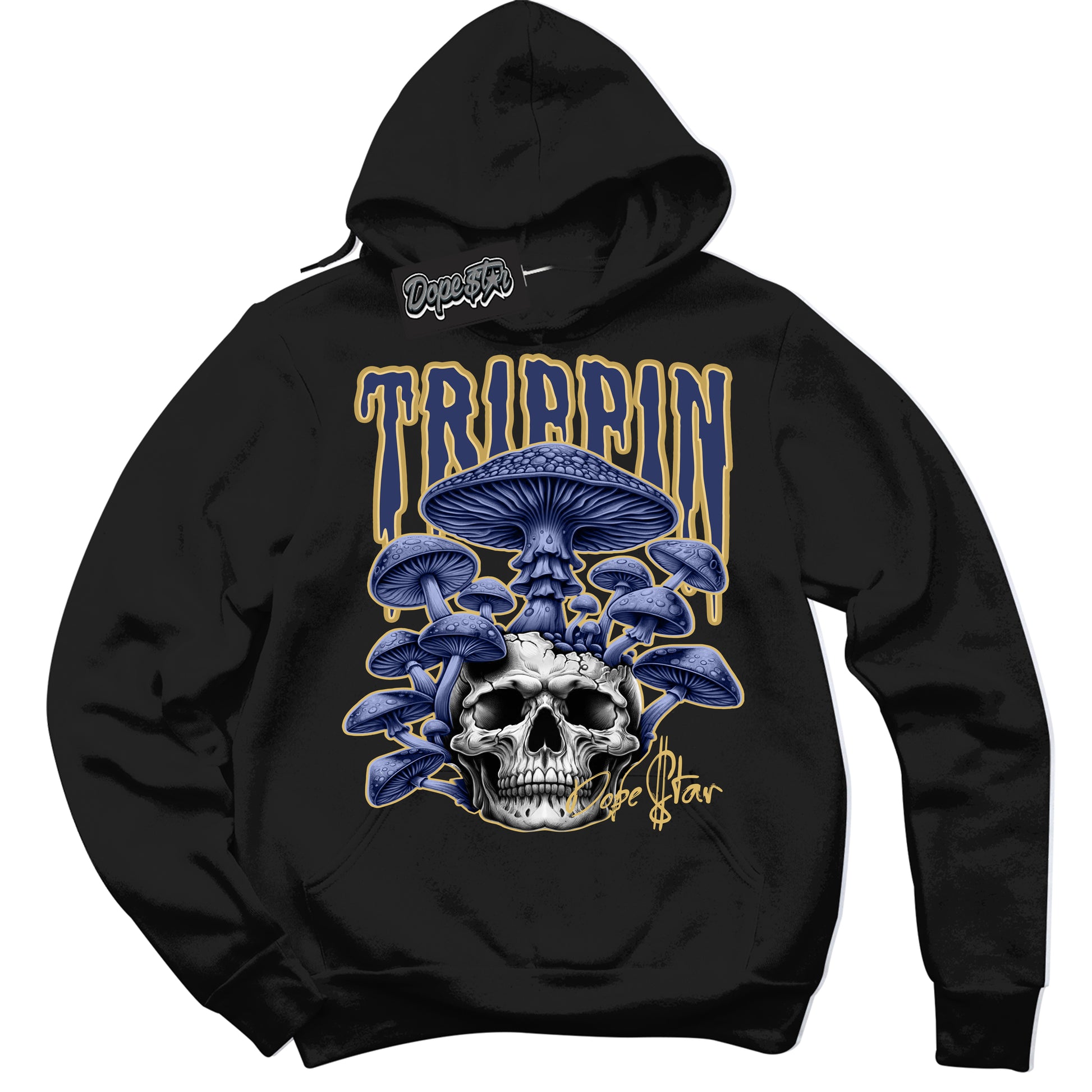 Cool Black Hoodie with “Trippin” design that Perfectly Matches Method of Make Midnight Navy Metallic Gold 1s Jordans.
