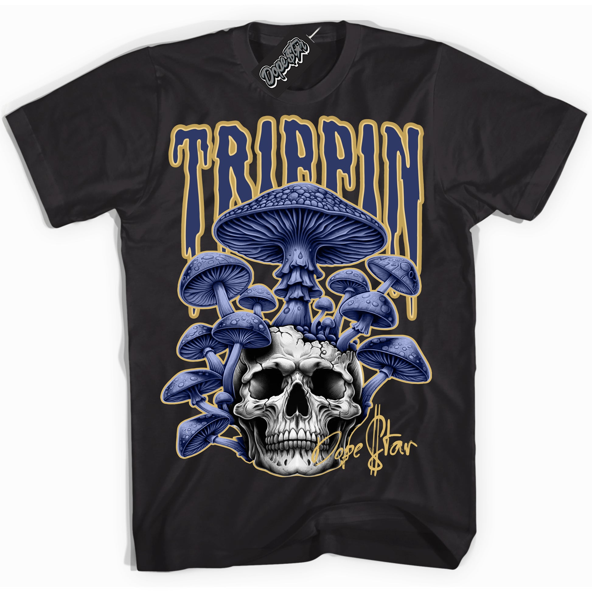 Cool Black Shirt with “Trippin” design that perfectly matches the Method of Make Midnight Navy Metallic Gold 1s Jordans.
