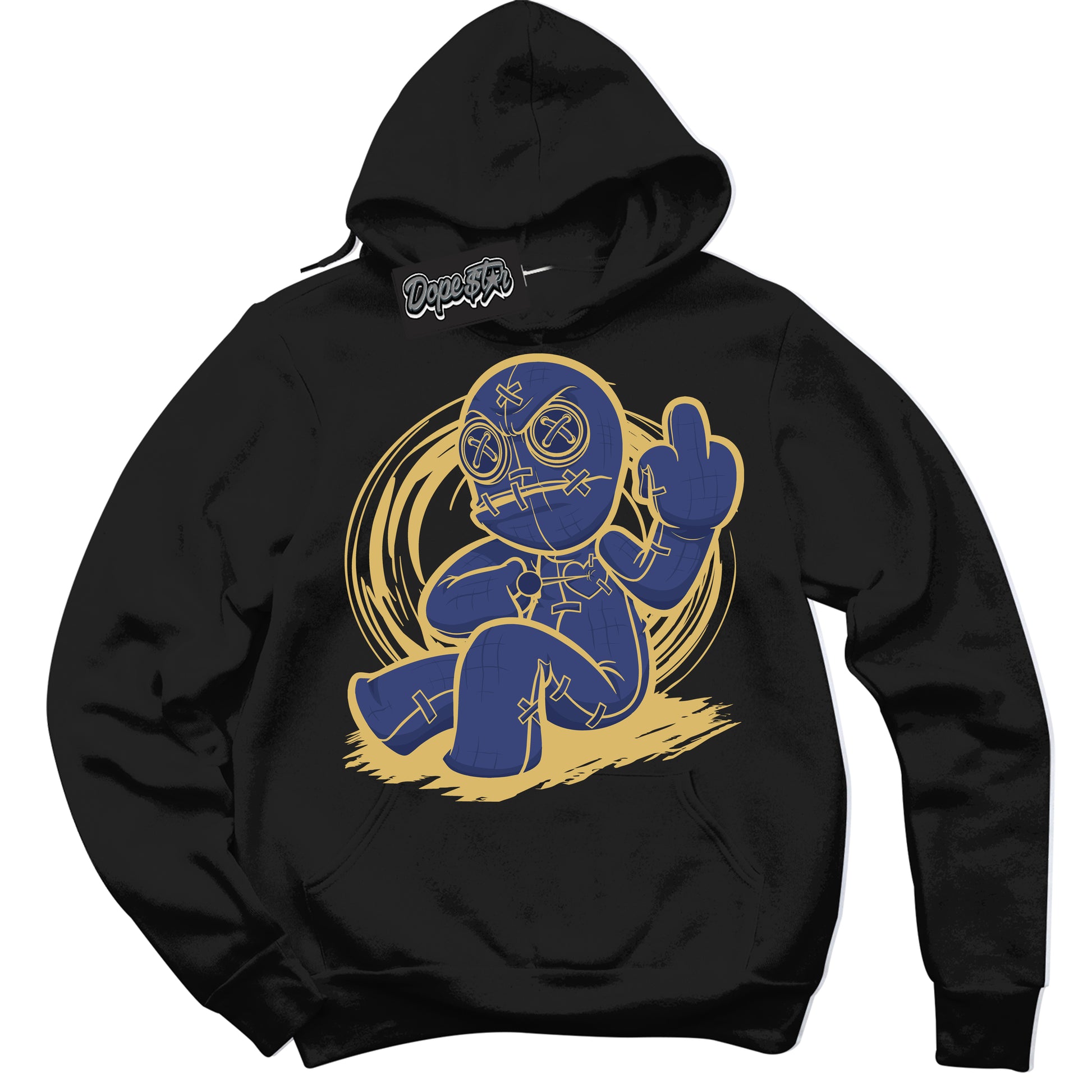 Cool Black Hoodie with “Voodoo Doll” design that Perfectly Matches Method of Make Midnight Navy Metallic Gold 1s Jordans.
